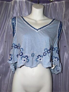 Free People Light Blue Embroidered V-Neck Crop Top